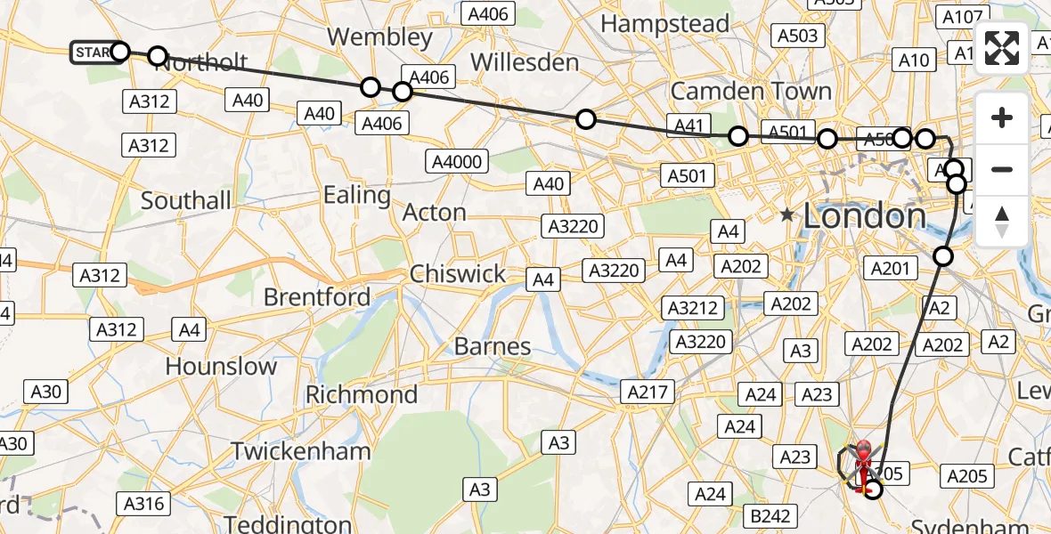 Flight route map: Air Ambulance Helicopter to London Borough of Lambeth, Rosendale Road