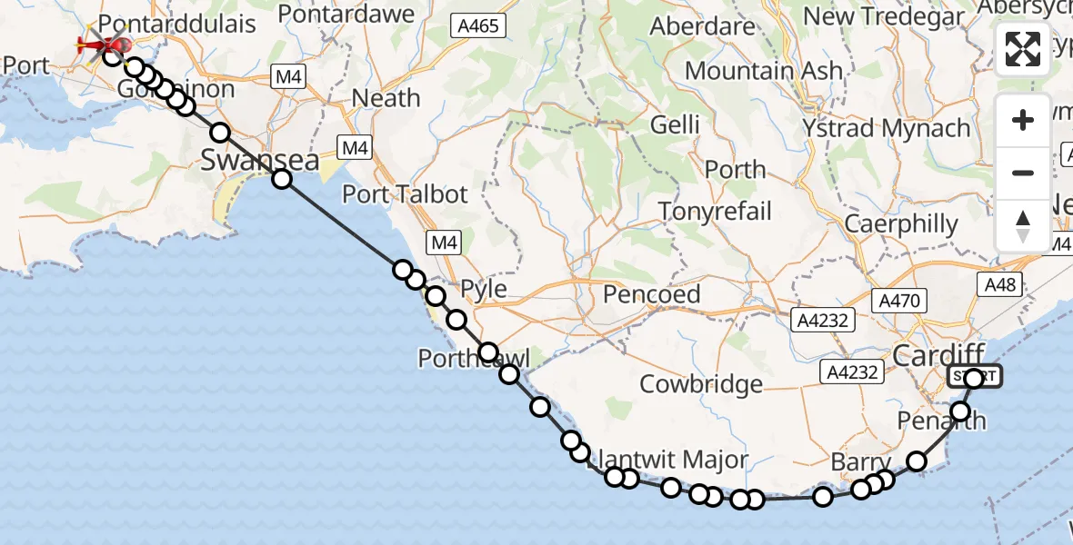 Flight route map: Air Ambulance Helicopter to Dafen, Heol Aur
