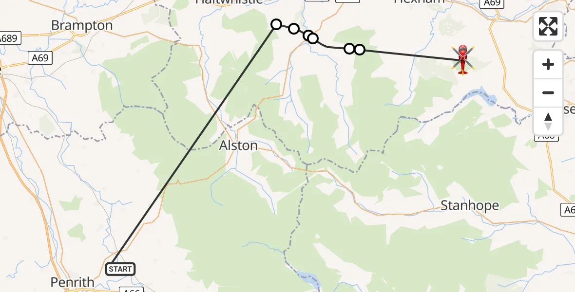 Flight route map: Air Ambulance Helicopter to Slaley, Coal Road