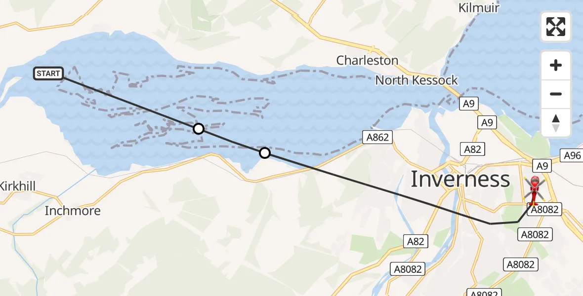 Flight path map showing Air Ambulance Helicopter route from Inverness to Inverness