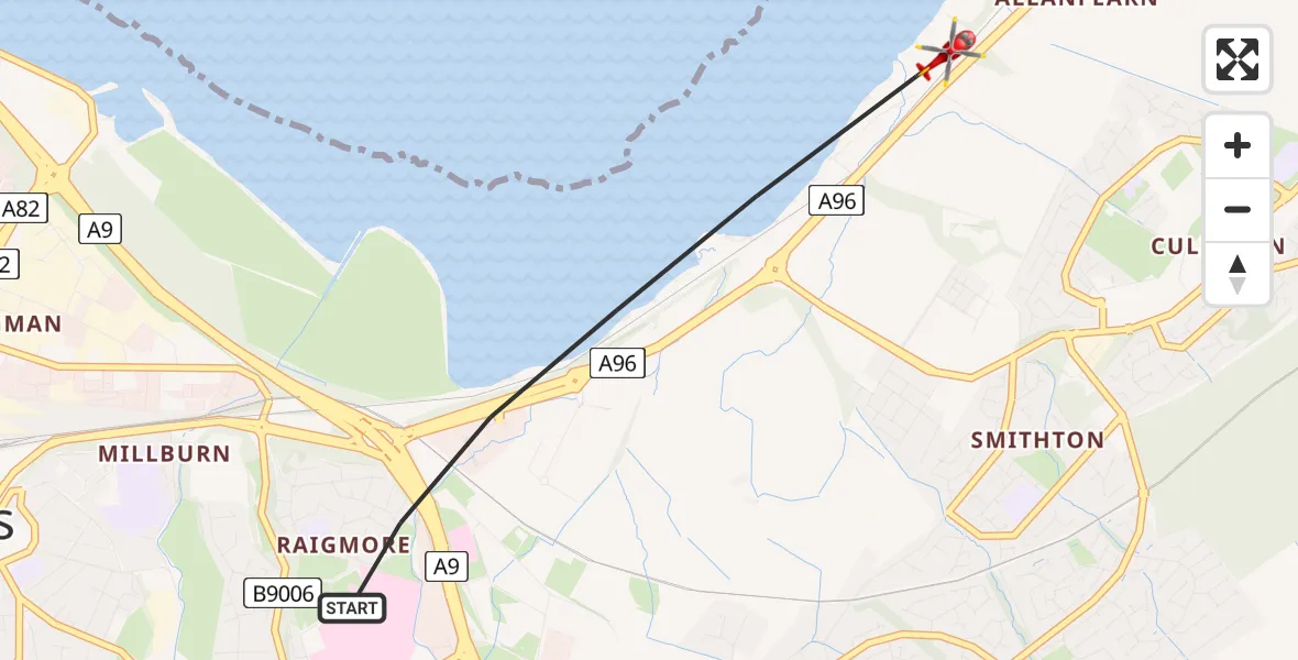 Flight path map showing Air Ambulance Helicopter route from Inverness to Inverness
