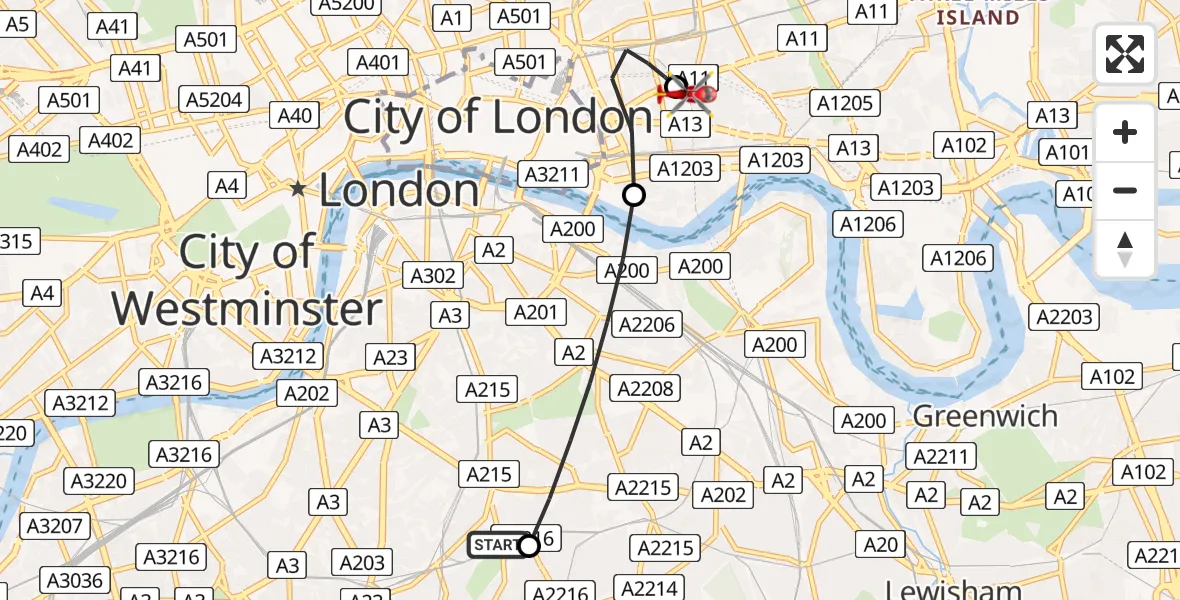 Flight route map: Air Ambulance Helicopter to Royal London Hospital, Royal London Hospital