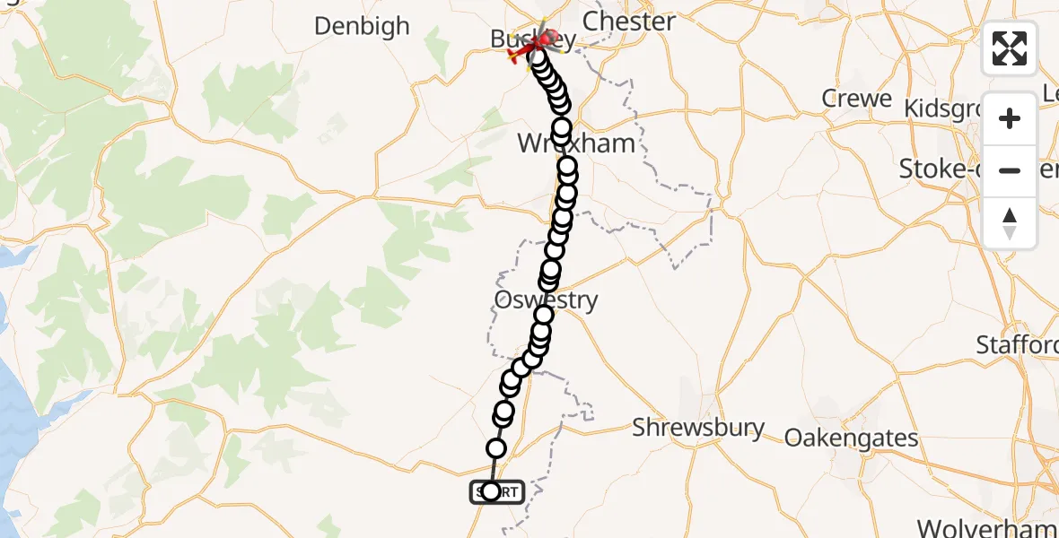 Flight route map: Air Ambulance Helicopter to Buckley, Padeswood Road South