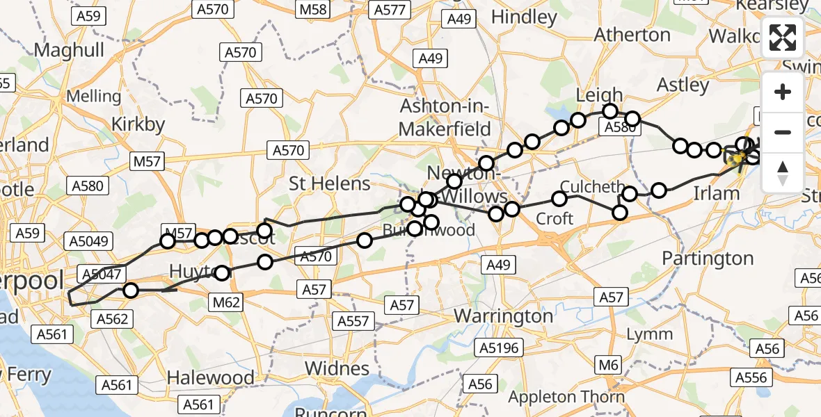 Flight path map showing Police Helicopter route from Manchester Barton Aerodrome to Irlam