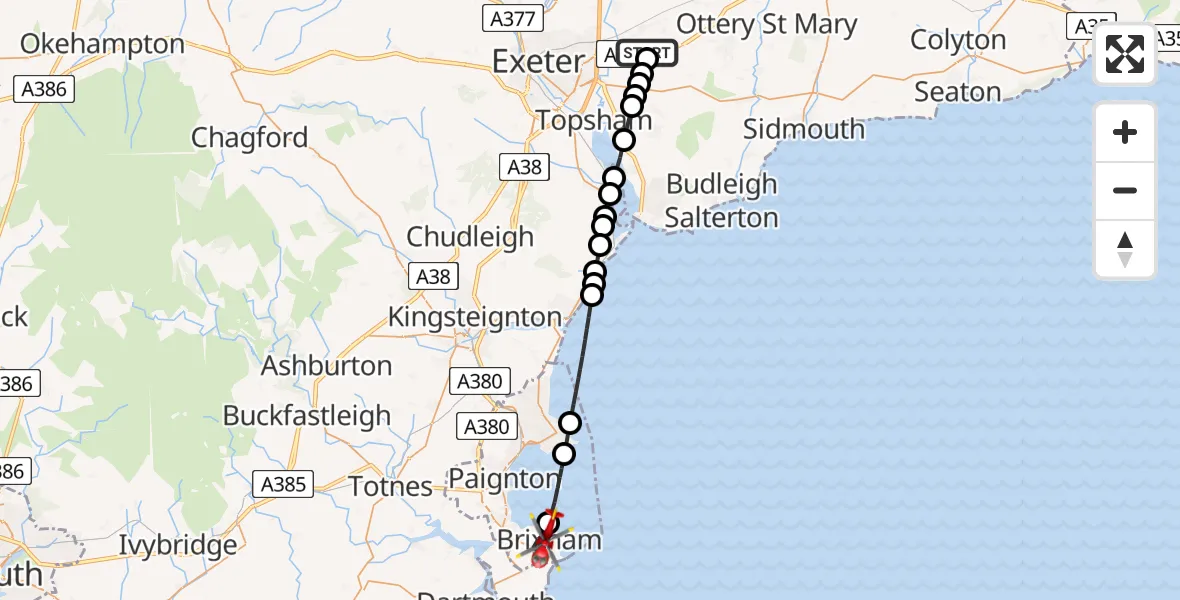 Flight route map: Air Ambulance Helicopter to Brixham, Nelson Road