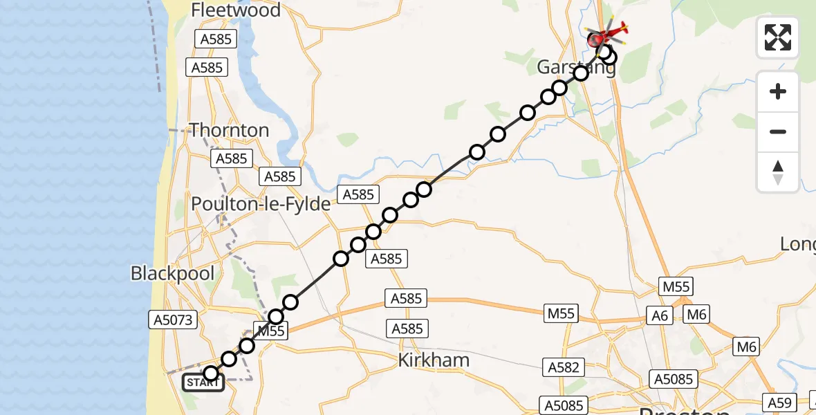 Flight route map: Air Ambulance Helicopter to Bonds, Keeper's Lane