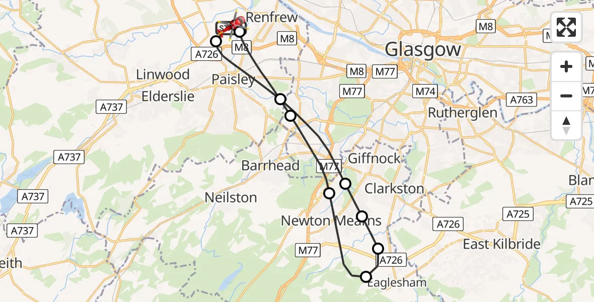 Flight route map: Air Ambulance Helicopter to Glasgow Airport, Glasgow Airport