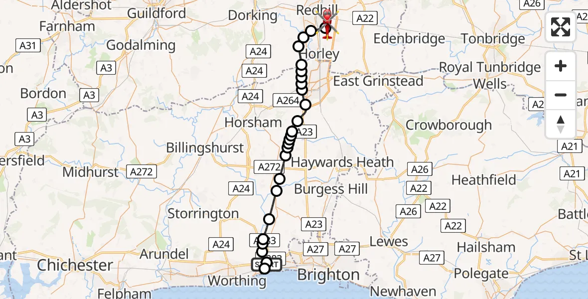 Flight route map: Air Ambulance Helicopter to Redhill Aerodrome, Redhill Aerodrome