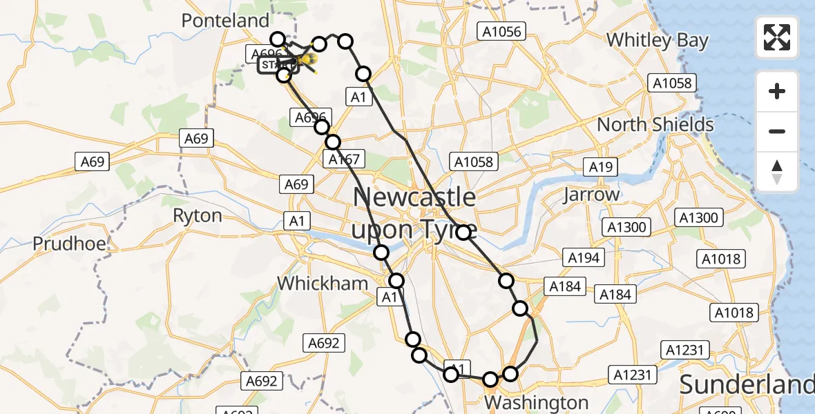 Flight route map: Police Helicopter to Newcastle International Airport, Newcastle International Airport