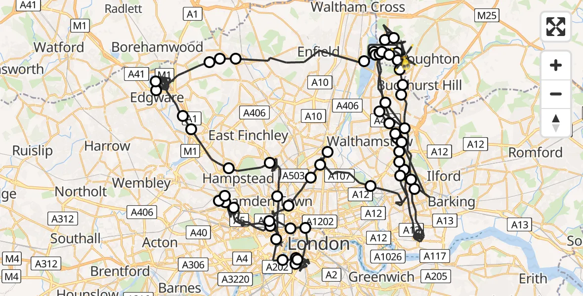 Flight route map: Police Helicopter to Sewardstonebury, Lippitts Hill