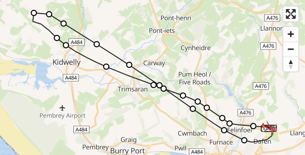 Flight route map: Air Ambulance Helicopter to Dafen, Heol Aur