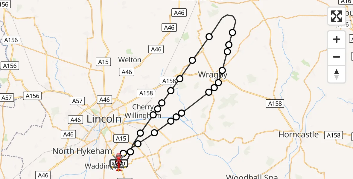 Flight route map: Air Ambulance Helicopter to North Kesteven, Sleaford Road