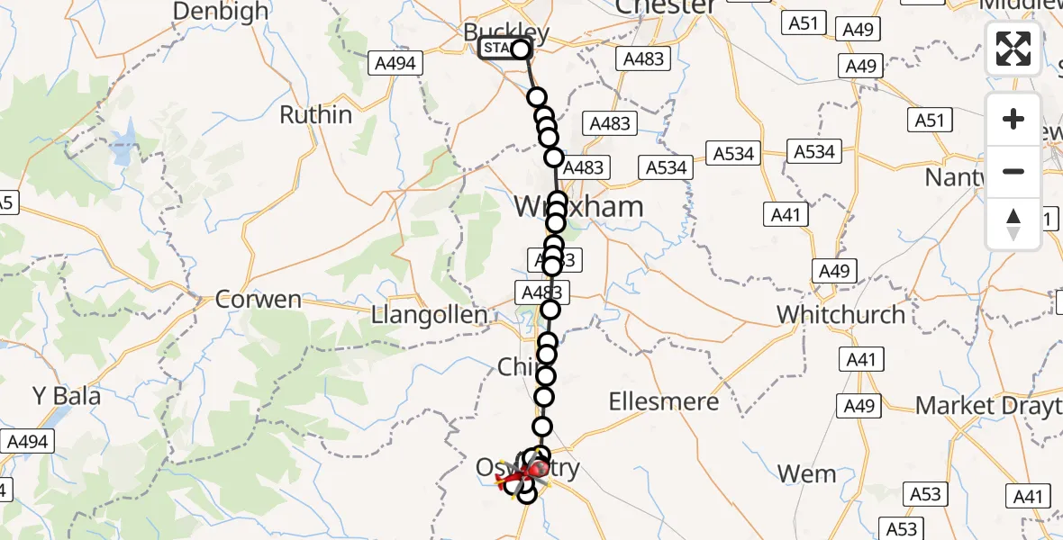 Routekaart van de vlucht: Air Ambulance Helicopter to Oswestry, Penylan Lane