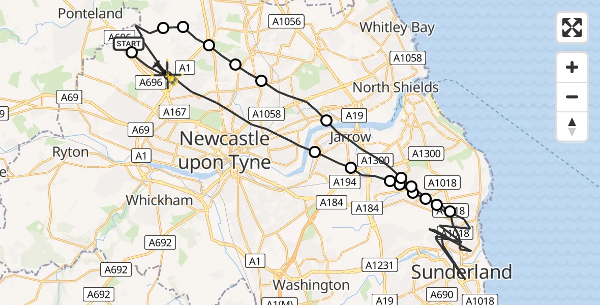 Flight route map: Police Helicopter to Newcastle upon Tyne, Newcastle upon Tyne