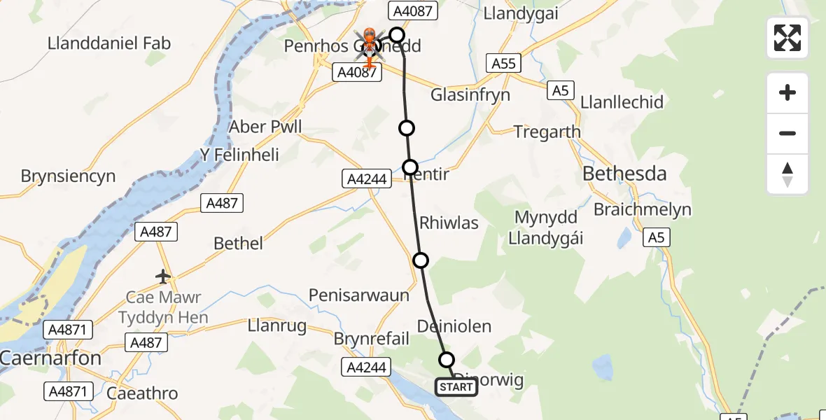 Routekaart van de vlucht: Coastguard Helicopter to Ysbyty Gwynedd Hospital Heliport, Ysbyty Gwynedd Hospital Heliport