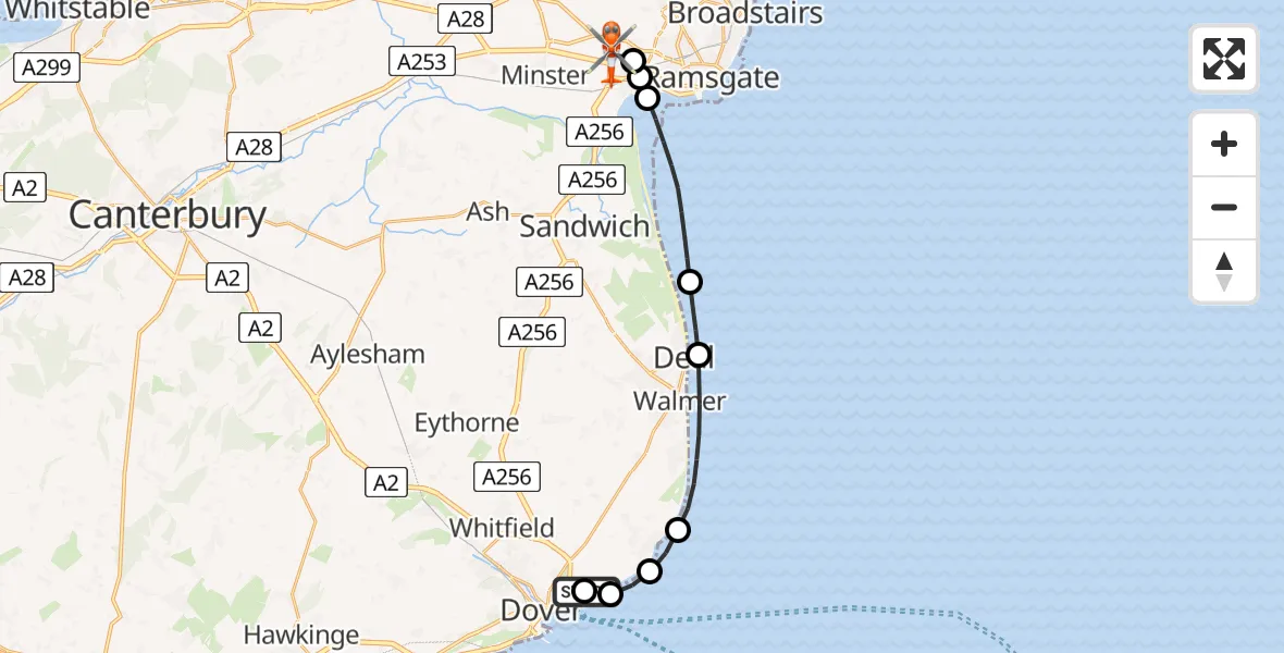Flight route map: Coastguard Helicopter to Manston Airport, Manston Airport