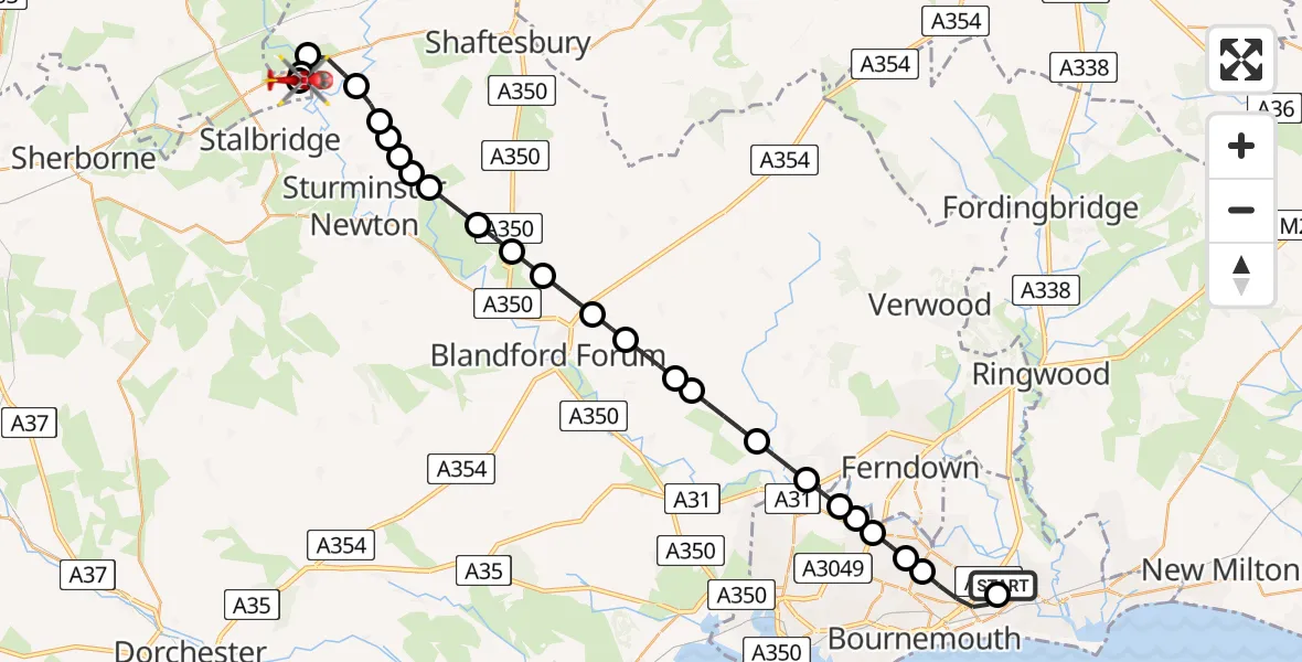 Flight route map: Air Ambulance Helicopter to Henstridge Airfield, Henstridge Airfield