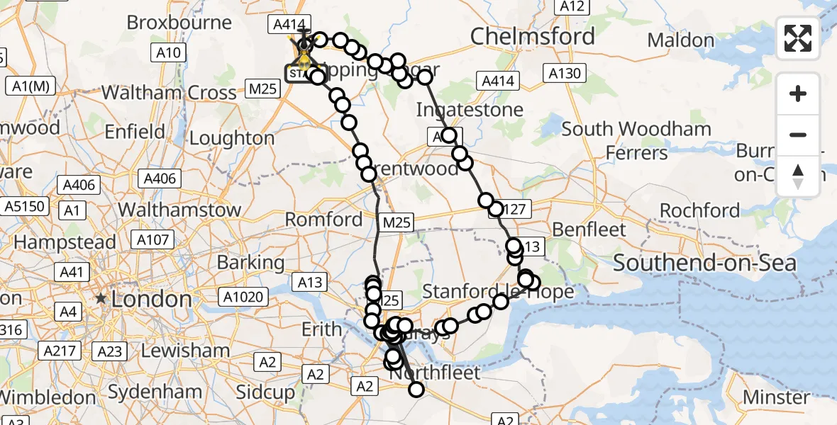 Flight route map: Police Helicopter to North Weald Airfield, North Weald Airfield