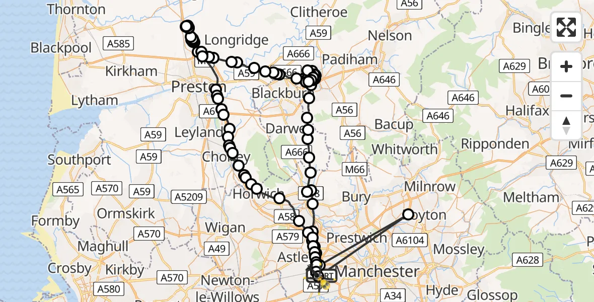 Flight path map showing Police Helicopter route from Manchester Barton Aerodrome to Manchester Barton Aerodrome