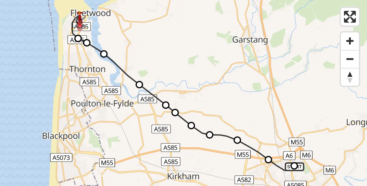 Flight route map: Air Ambulance Helicopter to Fleetwood, Welbeck Avenue