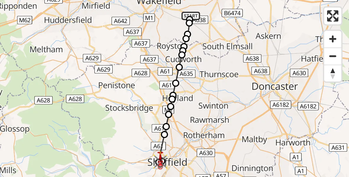 Flight route map: Air Ambulance Helicopter to Sheffield, Crookes Valley Road