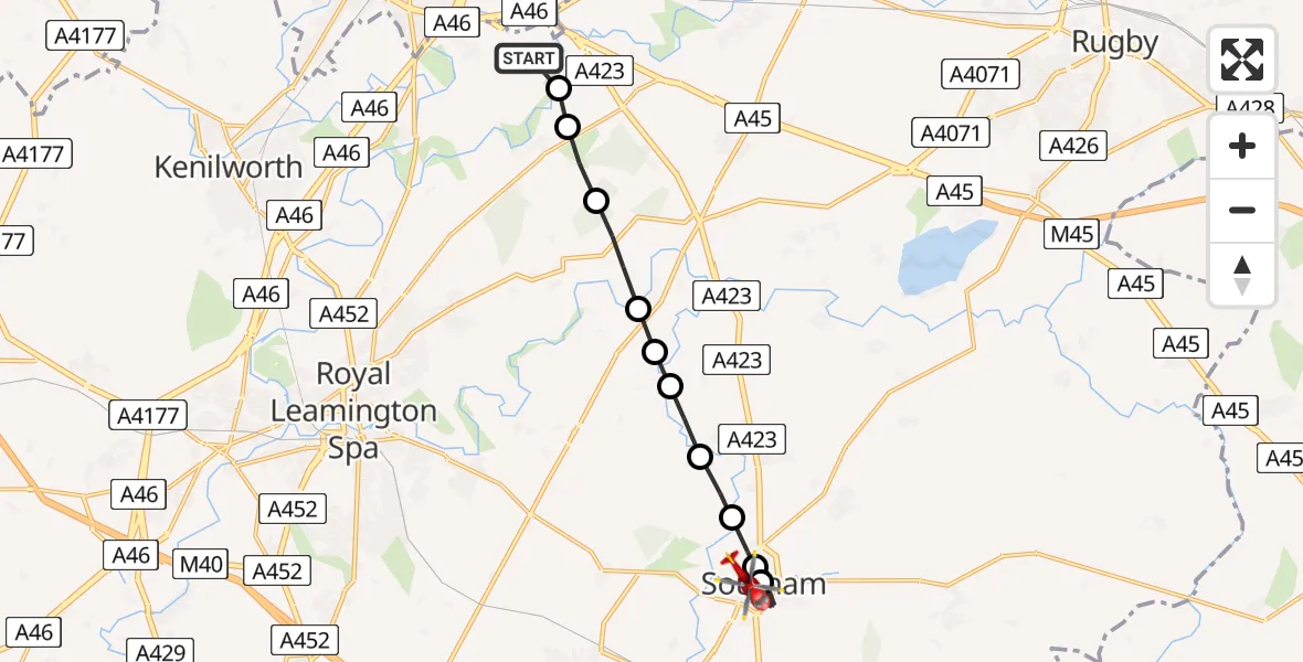 Flight route map: Air Ambulance Helicopter to Southam CP, Manders Croft