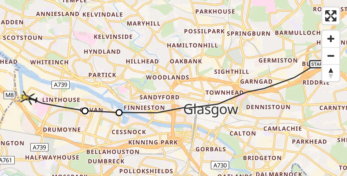 Flight route map: Police Helicopter to Glasgow, Bogmoor Road