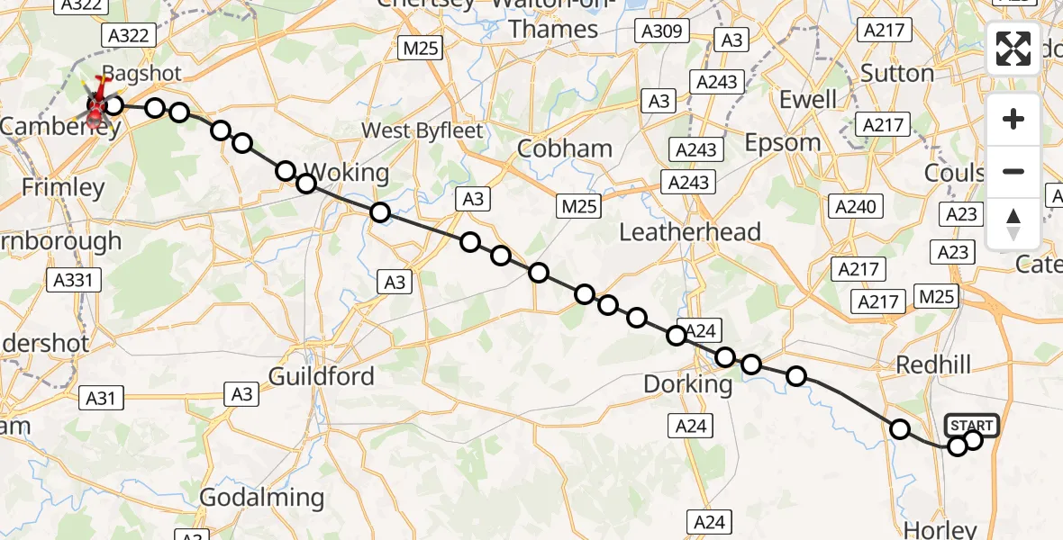 Flight route map: Air Ambulance Helicopter to Camberley, Little Paddock