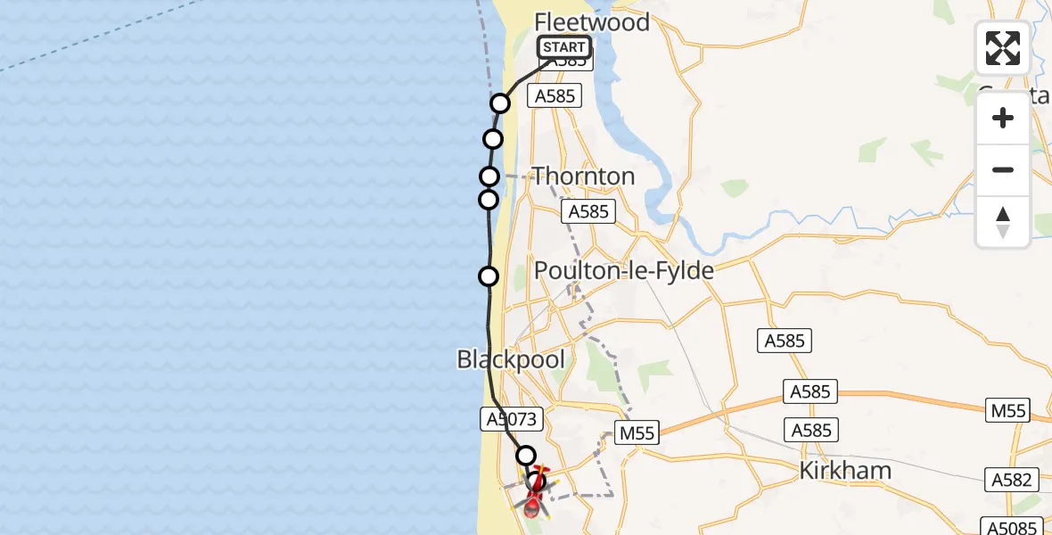 Flight route map: Air Ambulance Helicopter to Blackpool Airport, Blackpool Airport