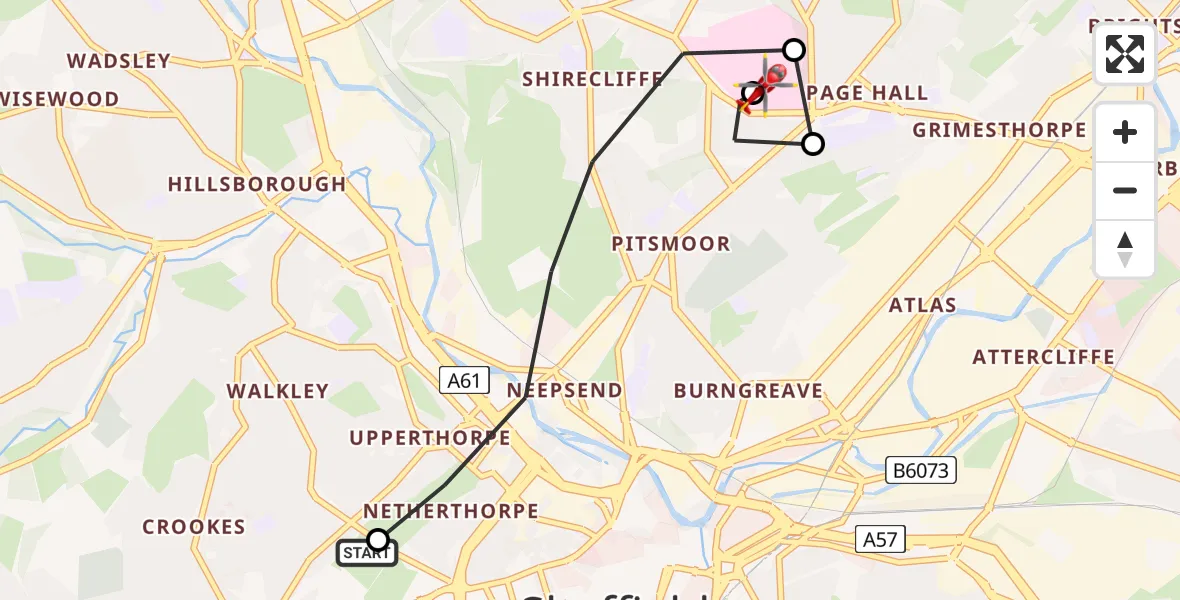 Flight route map: Air Ambulance Helicopter to Sheffield Northern Hospital, Sheffield Northern Hospital