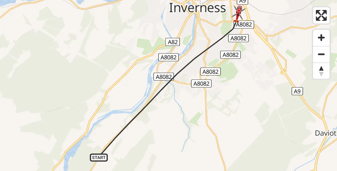 Flight path map showing Air Ambulance Helicopter route from Inverness to Inverness