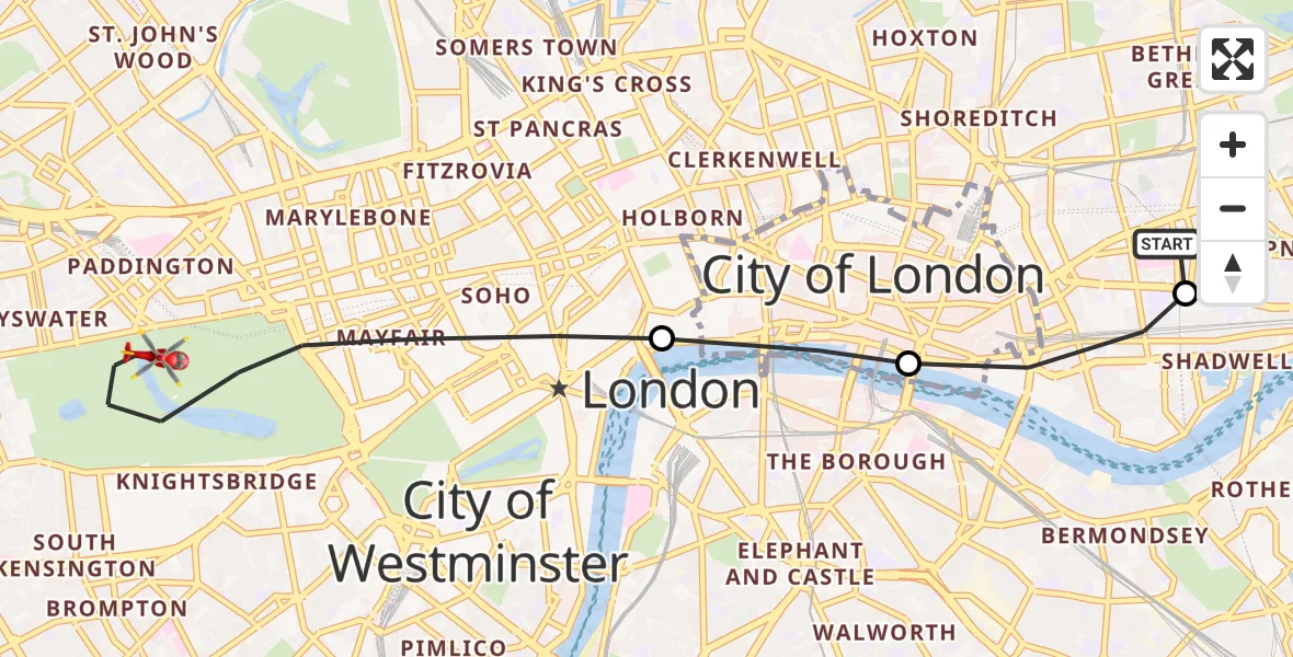 Flight route map: Air Ambulance Helicopter to City of Westminster, West Carriage Drive