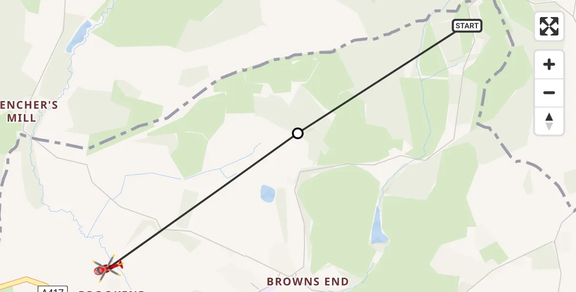 Routekaart van de vlucht: Air Ambulance Helicopter to Bromsberrow, Clencher's Mill Lane