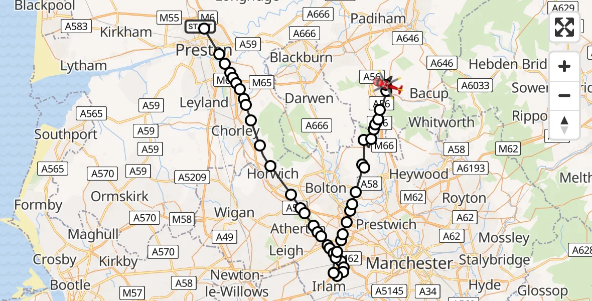 Routekaart van de vlucht: Air Ambulance Helicopter to Rawtenstall, Lee Brook Road