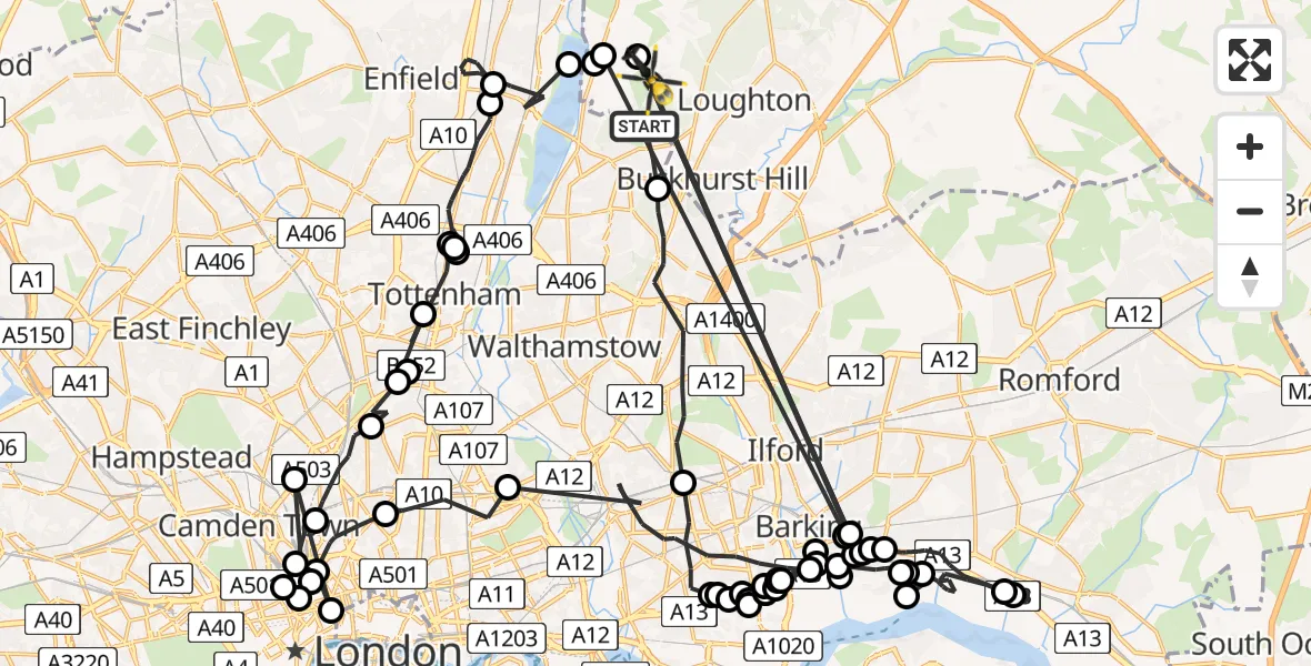 Routekaart van de vlucht: Police Helicopter to Sewardstonebury, Bury Road