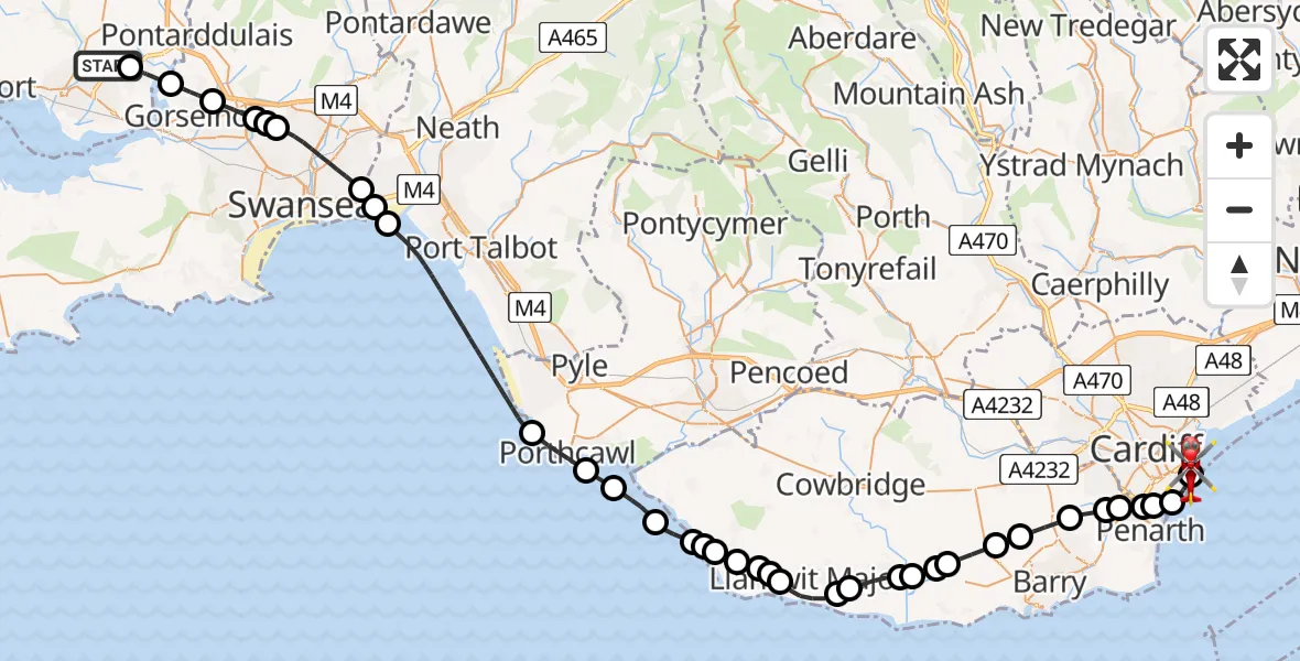 Flight route map: Air Ambulance Helicopter to Cardiff Heliport, Cardiff Heliport