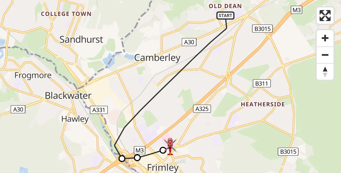 Routekaart van de vlucht: Air Ambulance Helicopter to Frimley Park Hospital, Frimley Park Hospital