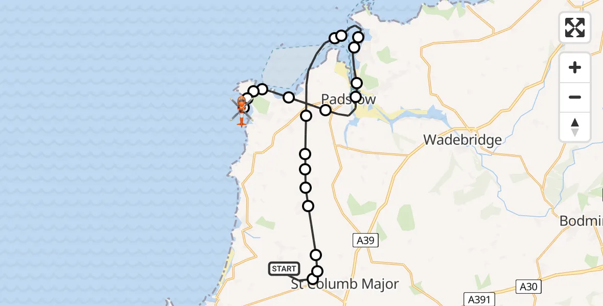Flight route map: Coastguard Helicopter to Treyarnon, Treyarnon