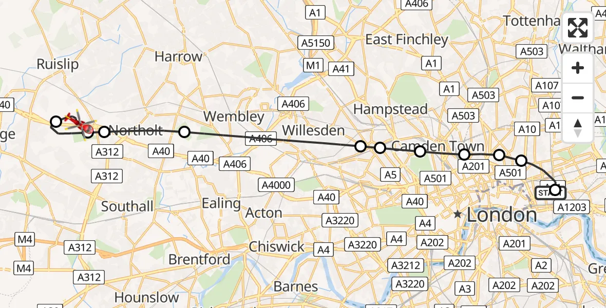 Flight route map: Air Ambulance Helicopter to RAF Northolt, RAF Northolt