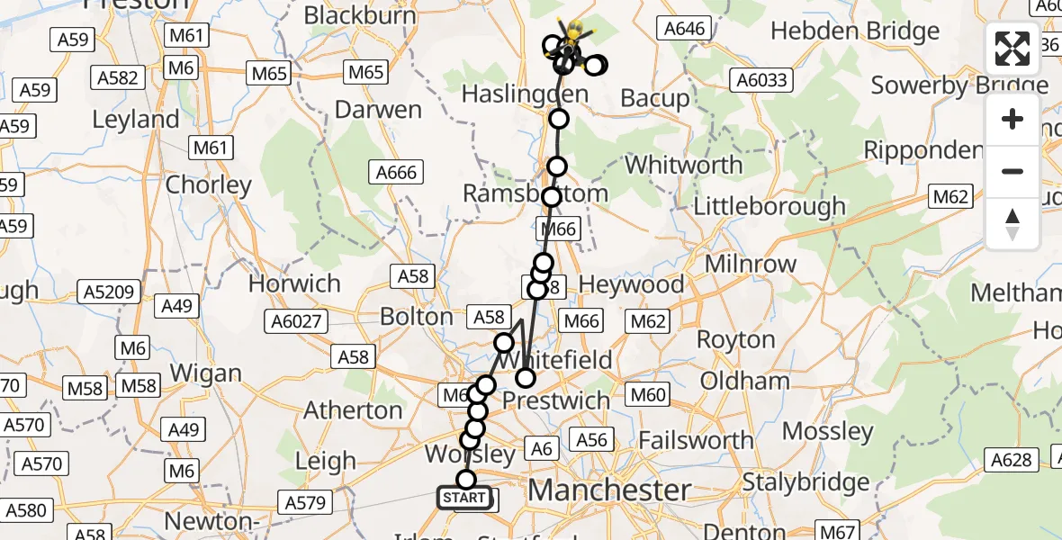 Flight route map: Police Helicopter to Crawshawbooth, Goodshaw Lane