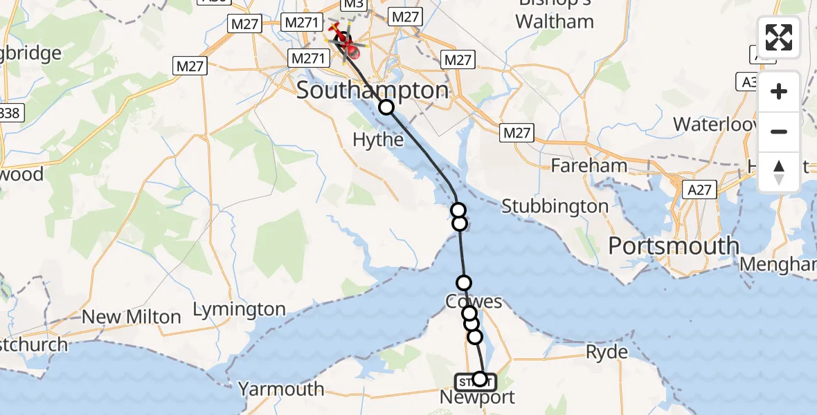 Flight route map: Air Ambulance Helicopter to University Hospital Southampton, Outer Circle