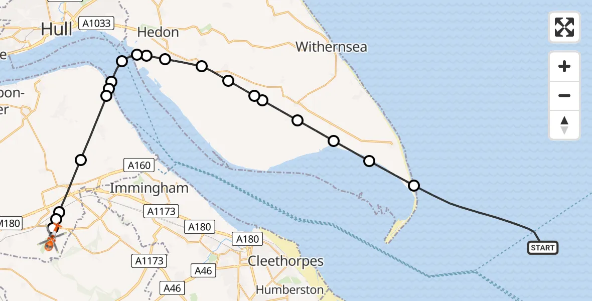 Flight route map: Coastguard Helicopter to Humberside Airport, Humberside Airport