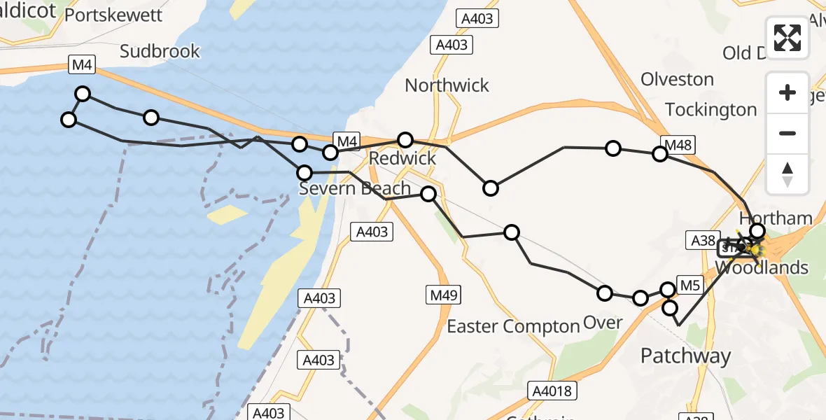 Flight route map: Police Helicopter to Almondsbury Helicopter Base, Almondsbury Helicopter Base