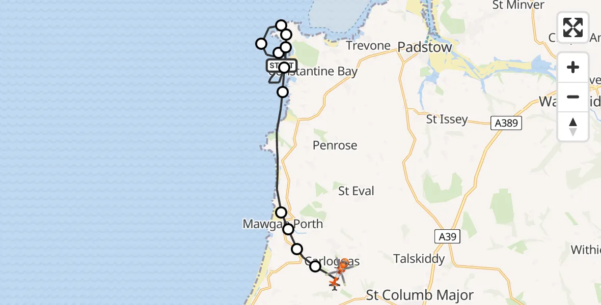 Routekaart van de vlucht: Coastguard Helicopter to Cornwall Airport Newquay, Cornwall Airport Newquay