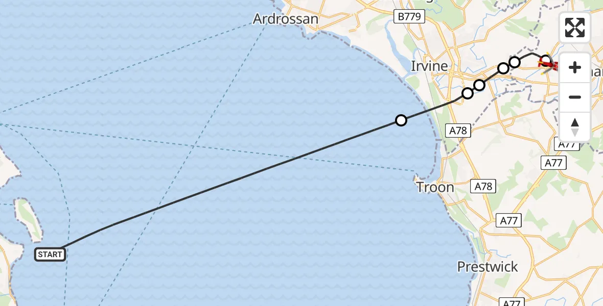 Flight route map: Air Ambulance Helicopter to Crosshouse, Kilmarnock Road
