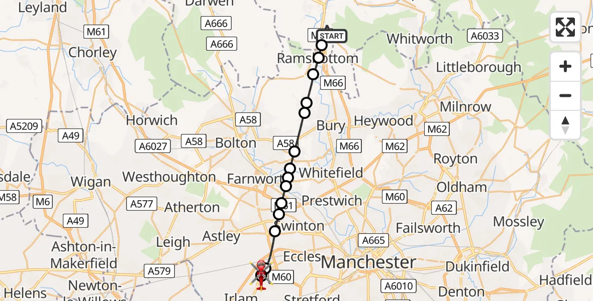 Flight route map: Air Ambulance Helicopter to Irlam, Manchester Barton Aerodrome