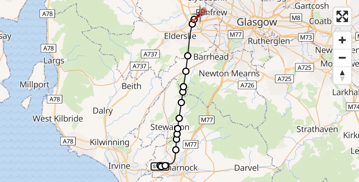 Flight route map: Air Ambulance Helicopter to Glasgow Airport, Glasgow Airport