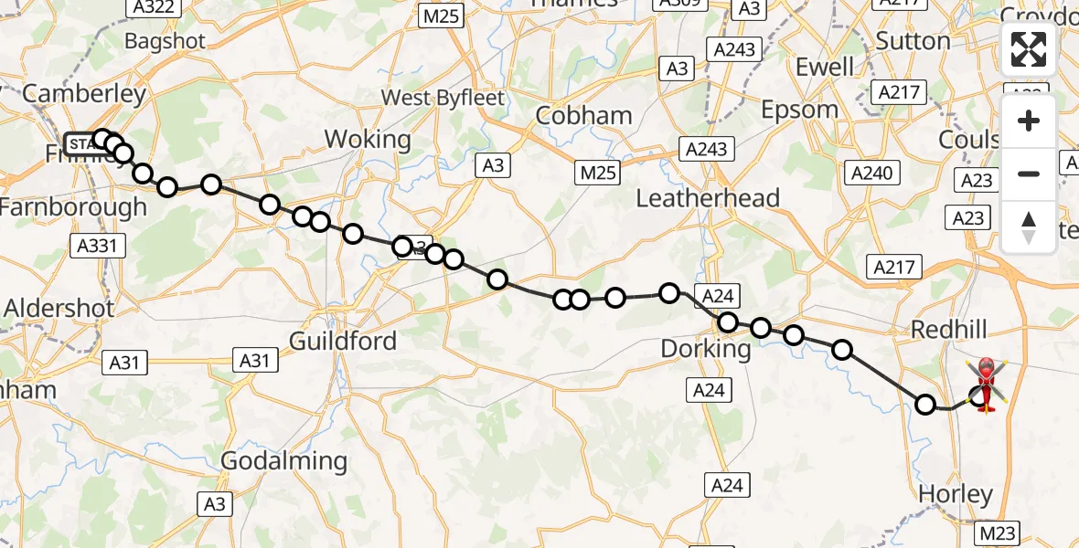 Flight route map: Air Ambulance Helicopter to Redhill Aerodrome, Redhill Aerodrome