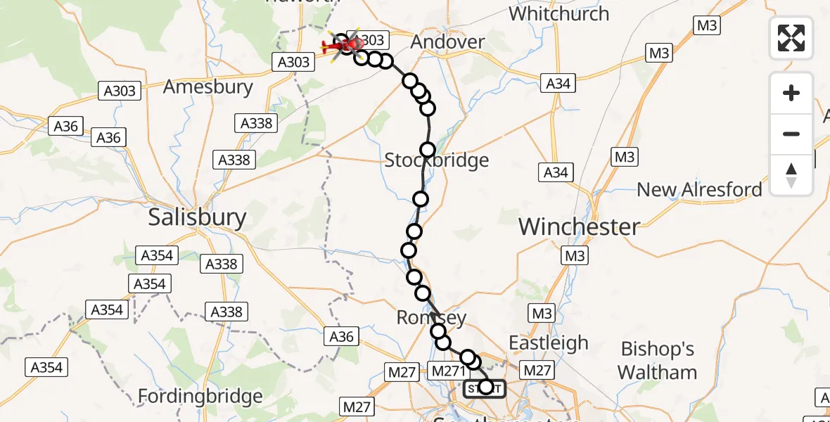 Flight route map: Air Ambulance Helicopter to Thruxton Aerodrome, Thruxton Aerodrome