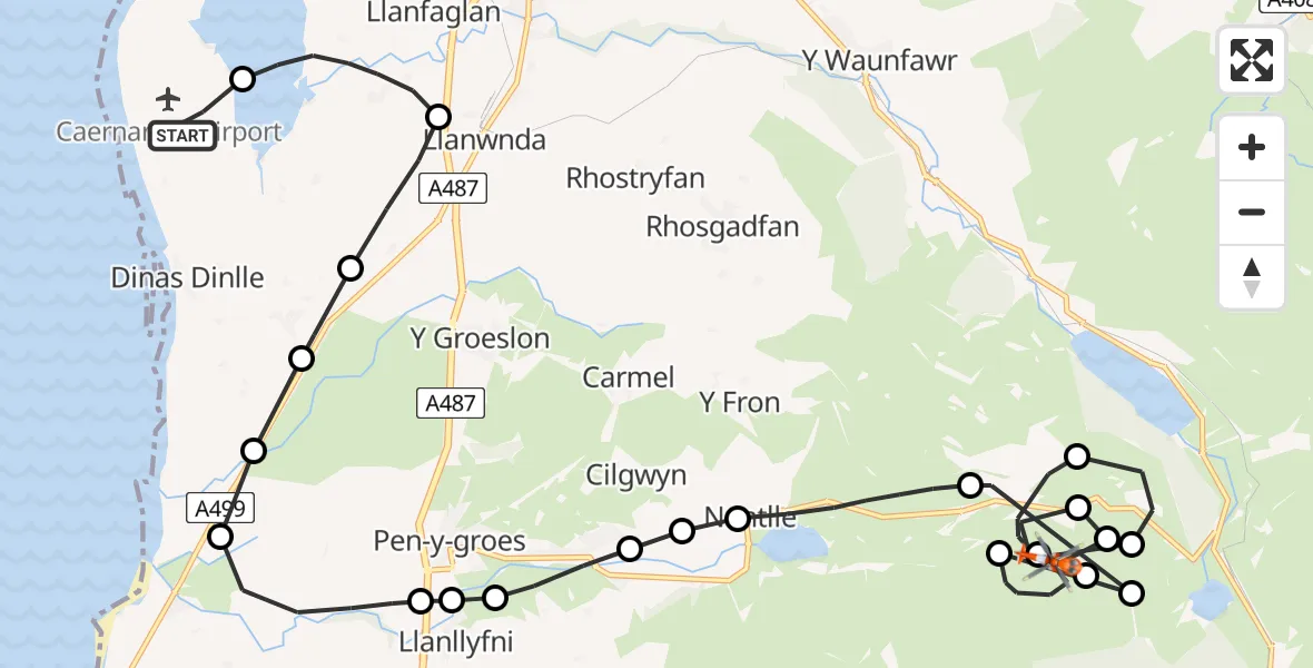 Flight route map: Coastguard Helicopter to Llanllyfni, B4418